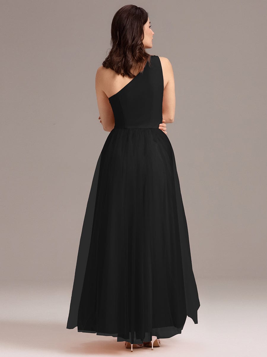 A-line One Shoulder Maxi Tulle Evening Dress With Ruffle #color_Black