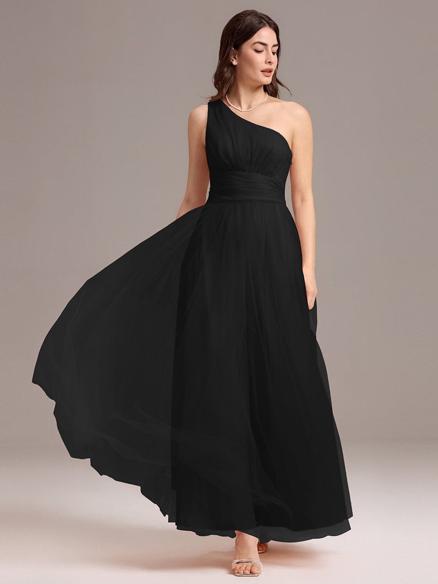 A-line One Shoulder Maxi Tulle Evening Dress With Ruffle #color_Black