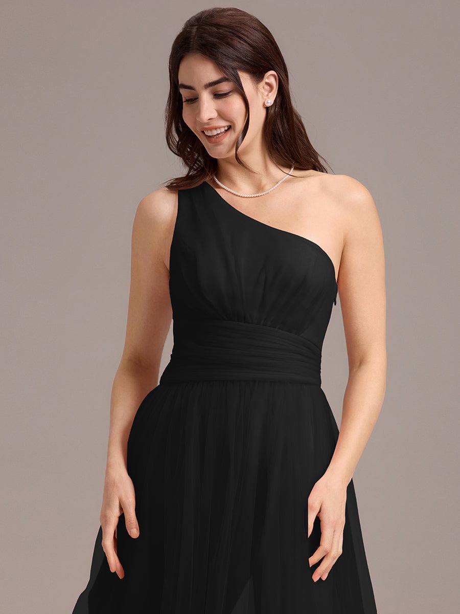 A-line One Shoulder Maxi Tulle Evening Dress With Ruffle #color_Black