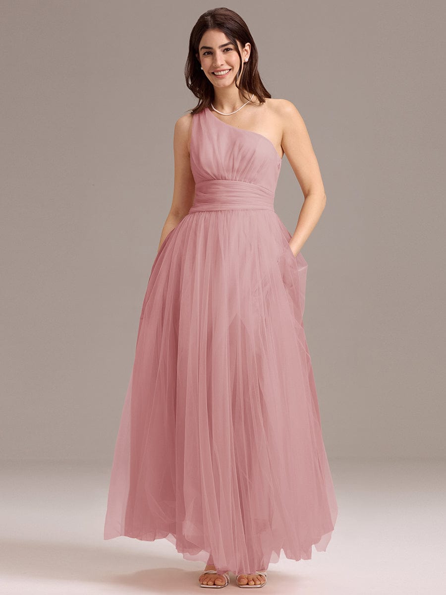 A-line One Shoulder Maxi Tulle Evening Dress With Ruffle #color_Dusty Rose