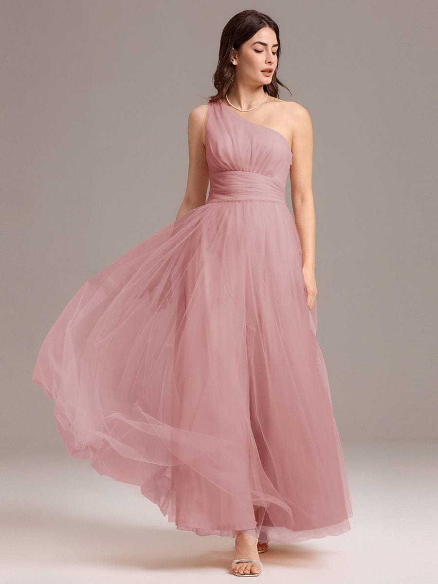A-line One Shoulder Maxi Tulle Evening Dress With Ruffle #color_Dusty Rose