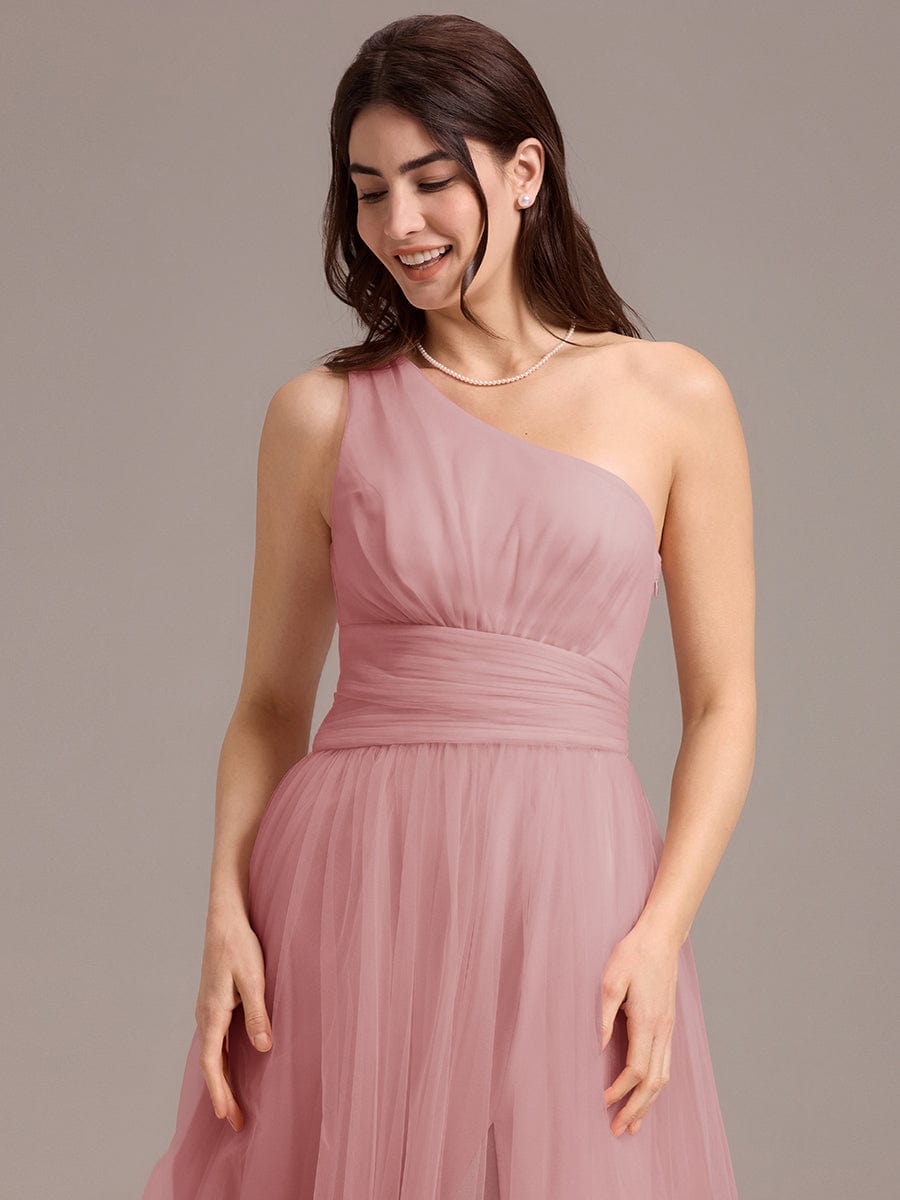 A-line One Shoulder Maxi Tulle Evening Dress With Ruffle #color_Dusty Rose