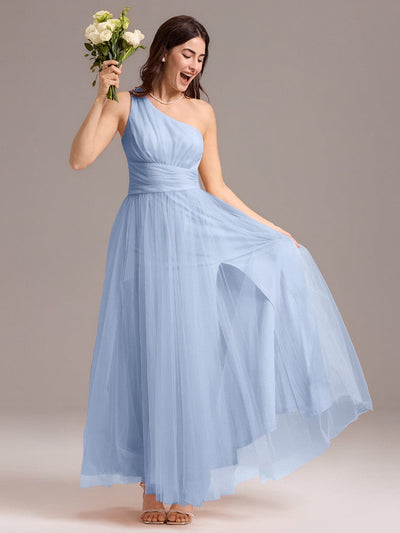 A-line One Shoulder Maxi Tulle Evening Dress With Ruffle #color_Ice Blue