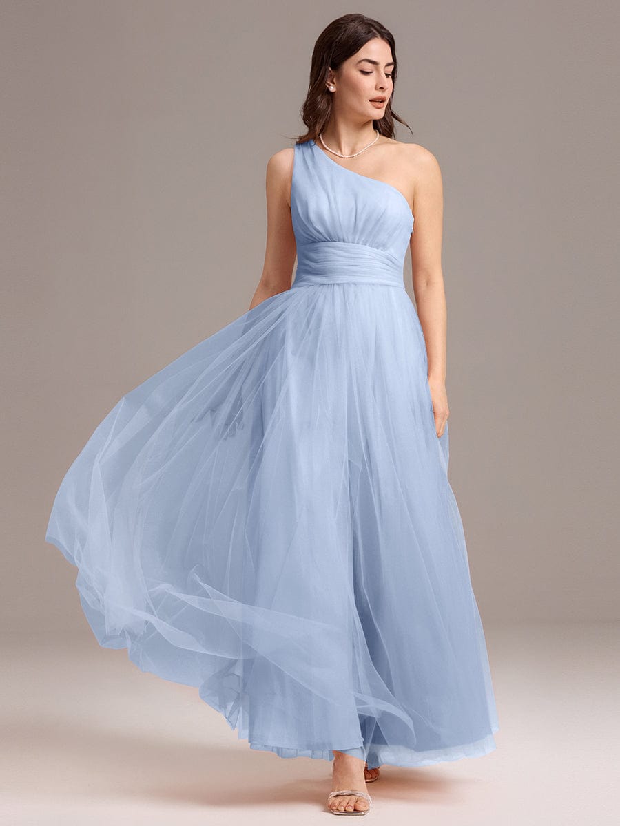 A-line One Shoulder Maxi Tulle Evening Dress With Ruffle #color_Ice Blue