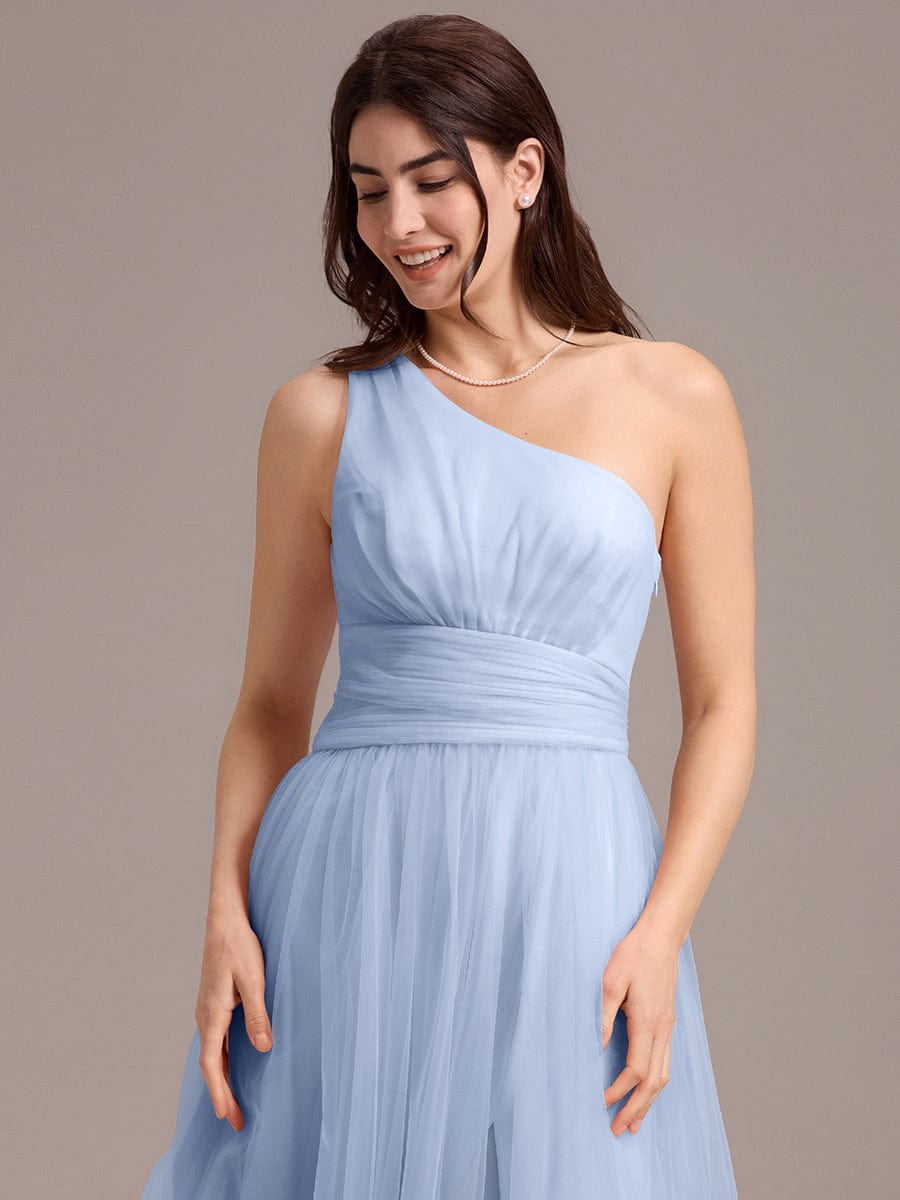 A-line One Shoulder Maxi Tulle Evening Dress With Ruffle #color_Ice Blue