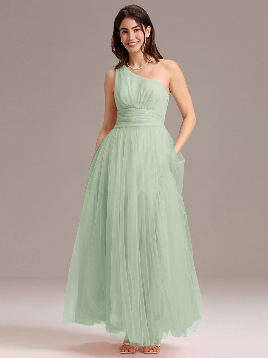 A-line One Shoulder Maxi Tulle Evening Dress With Ruffle #color_Mint Green