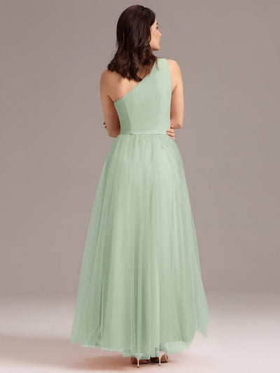 A-line One Shoulder Maxi Tulle Bridesmaid Dress With Ruffle #color_Mint Green