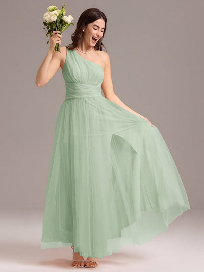 A-line One Shoulder Maxi Tulle Bridesmaid Dress With Ruffle #color_Mint Green