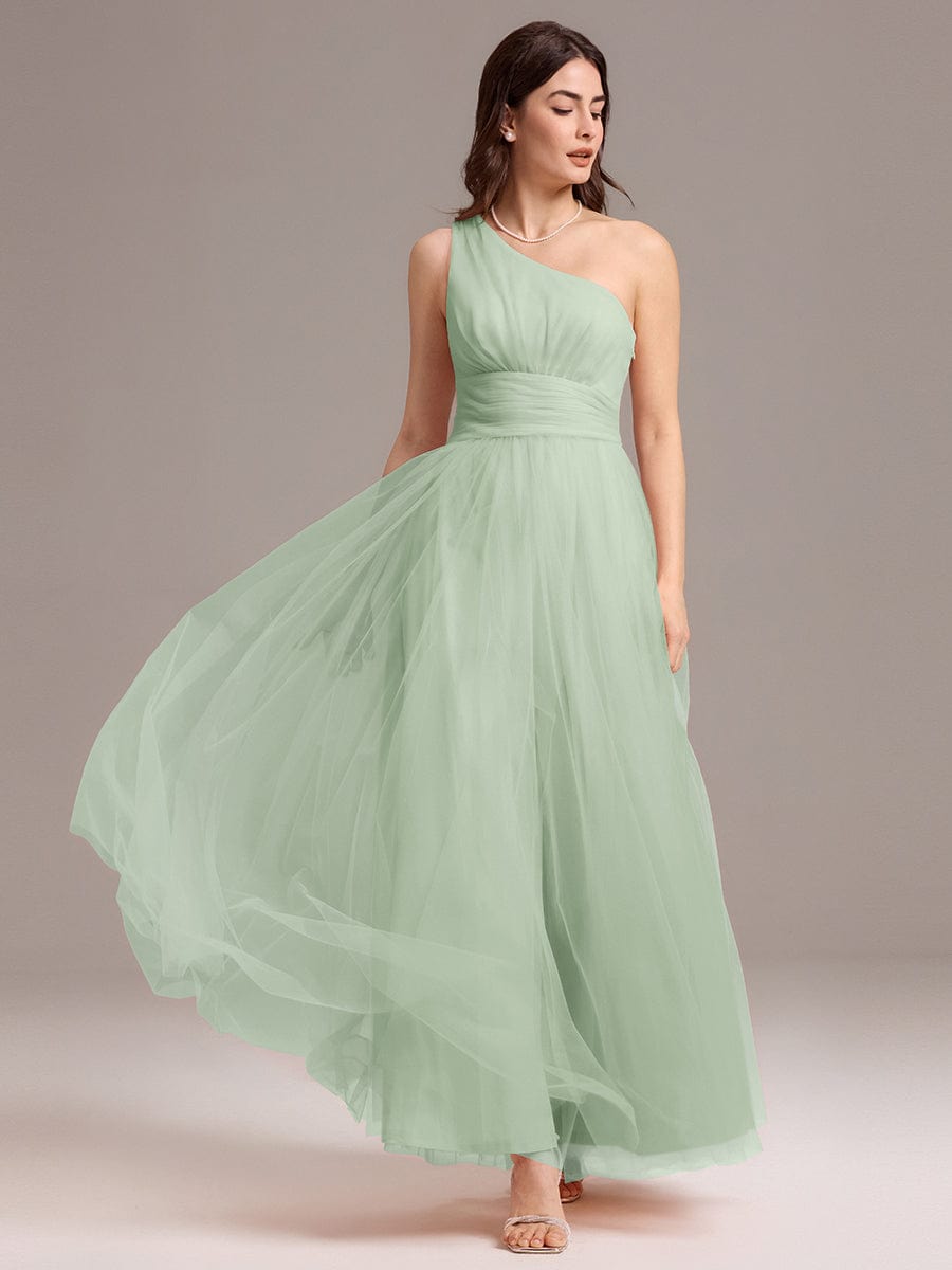 A-line One Shoulder Maxi Tulle Evening Dress With Ruffle #color_Mint Green