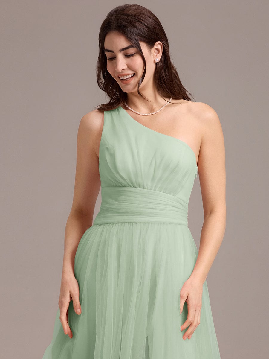 A-line One Shoulder Maxi Tulle Evening Dress With Ruffle #color_Mint Green