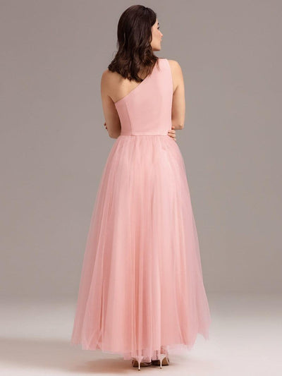 A-line One Shoulder Maxi Tulle Bridesmaid Dress With Ruffle #color_Pink