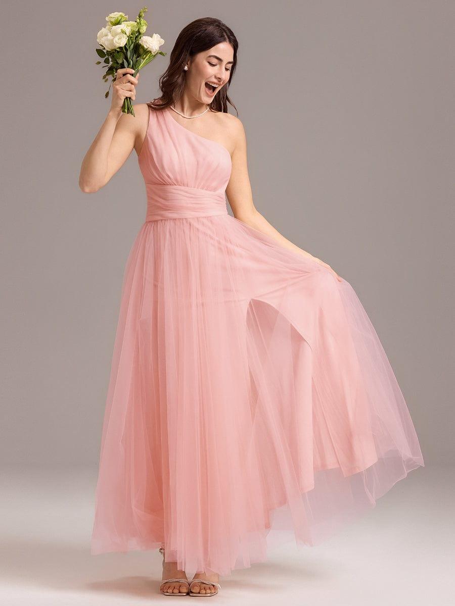 A-line One Shoulder Maxi Tulle Evening Dress With Ruffle #color_Pink