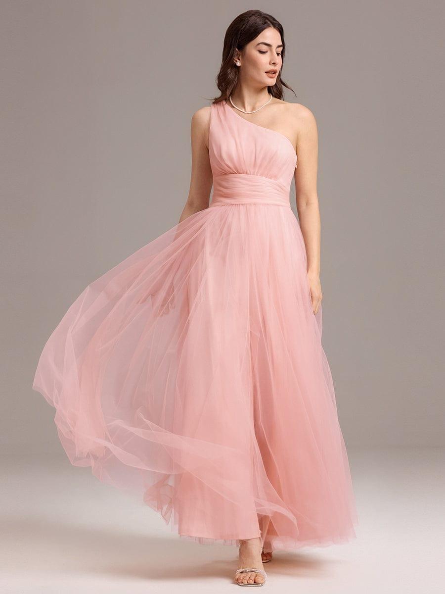 A-line One Shoulder Maxi Tulle Evening Dress With Ruffle #color_Pink