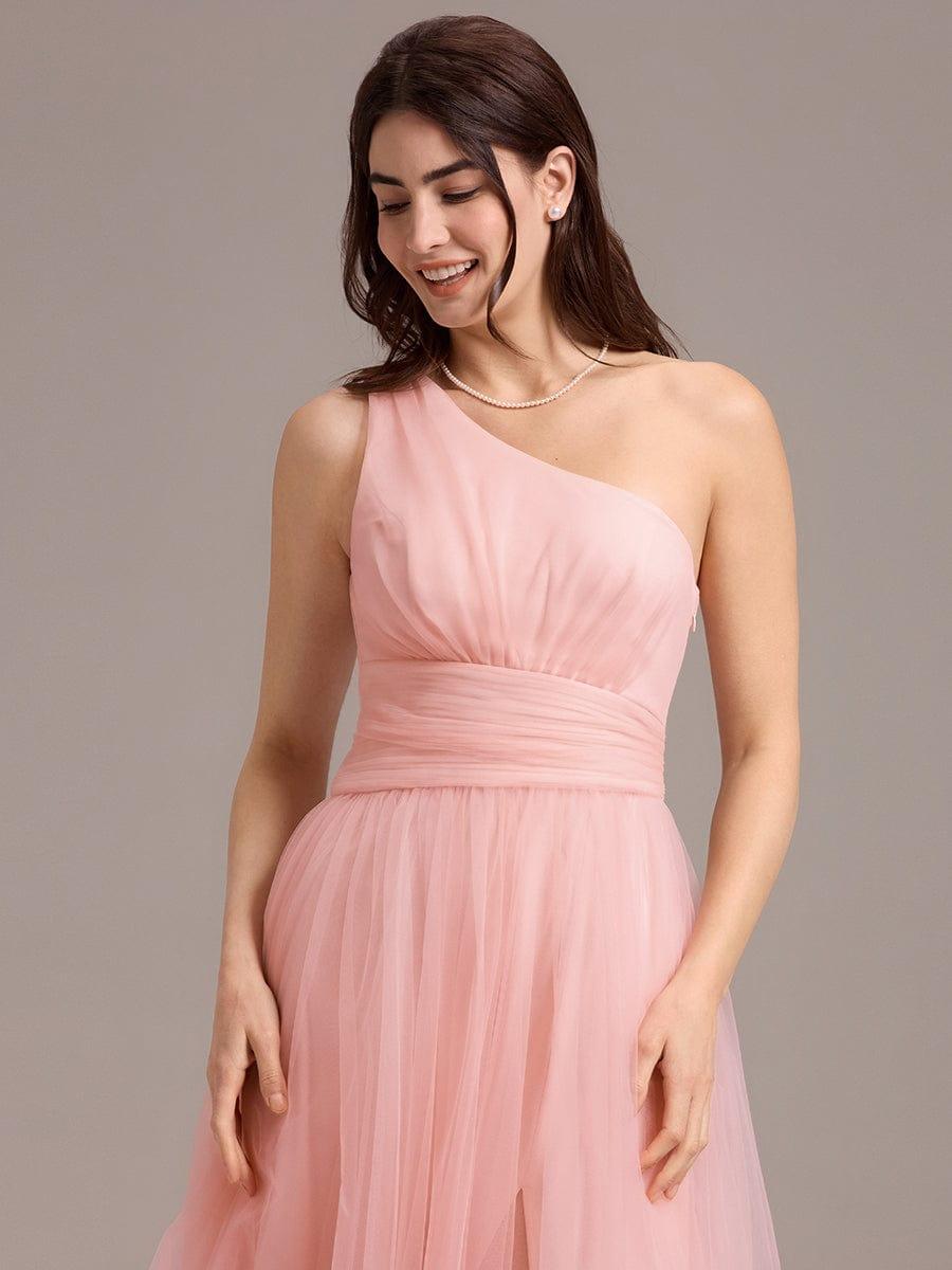 A-line One Shoulder Maxi Tulle Evening Dress With Ruffle #color_Pink