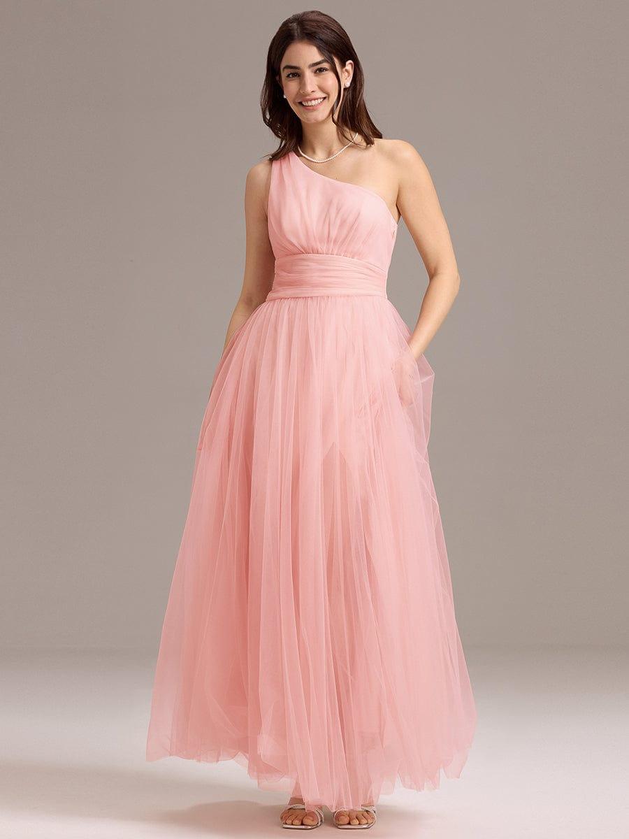 A-line One Shoulder Maxi Tulle Evening Dress With Ruffle #color_Pink
