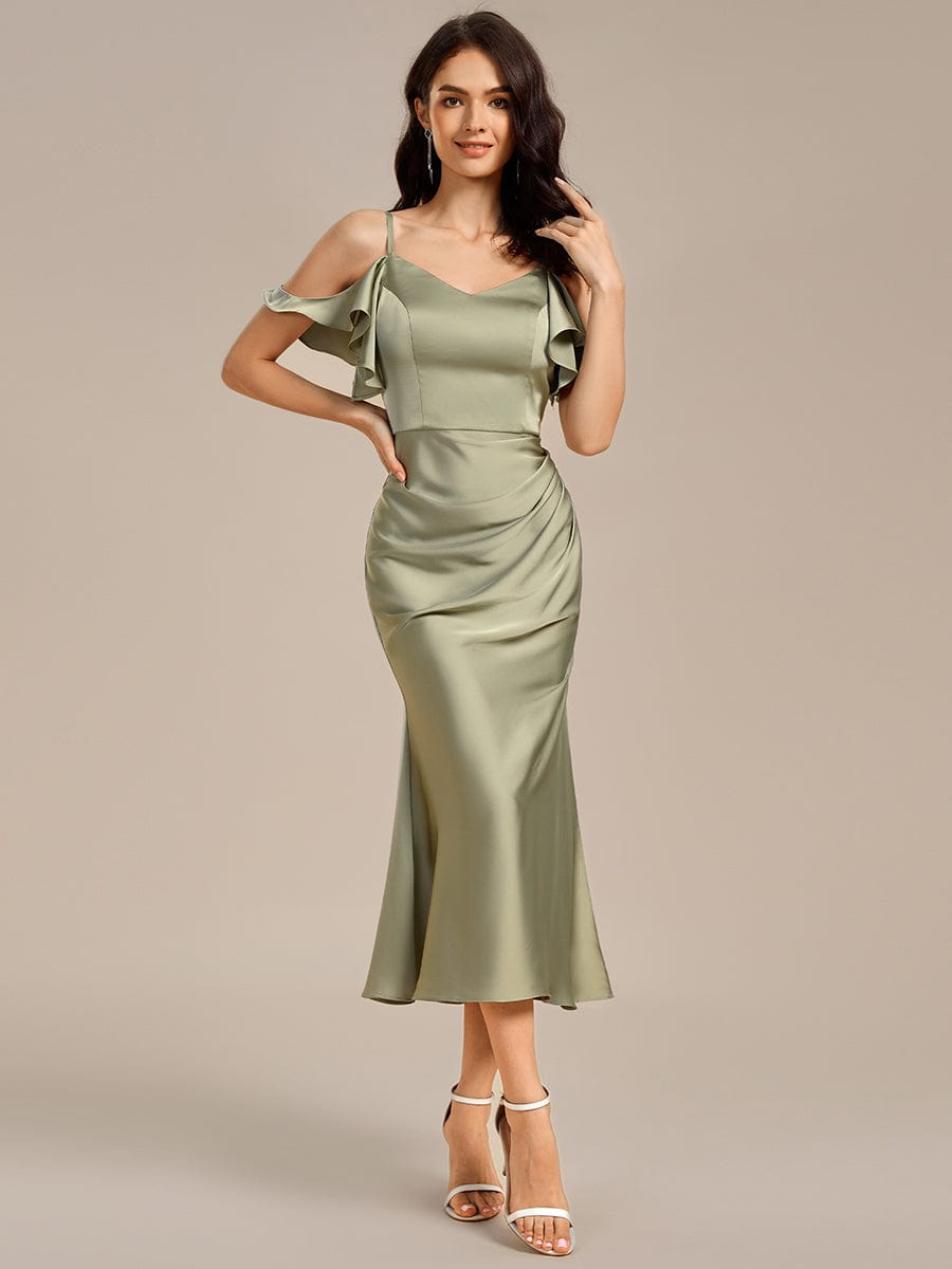Off Shoulder Lotus Leaf Mermaid Midi Satin Bridesmaid Dress #color_Sage Green