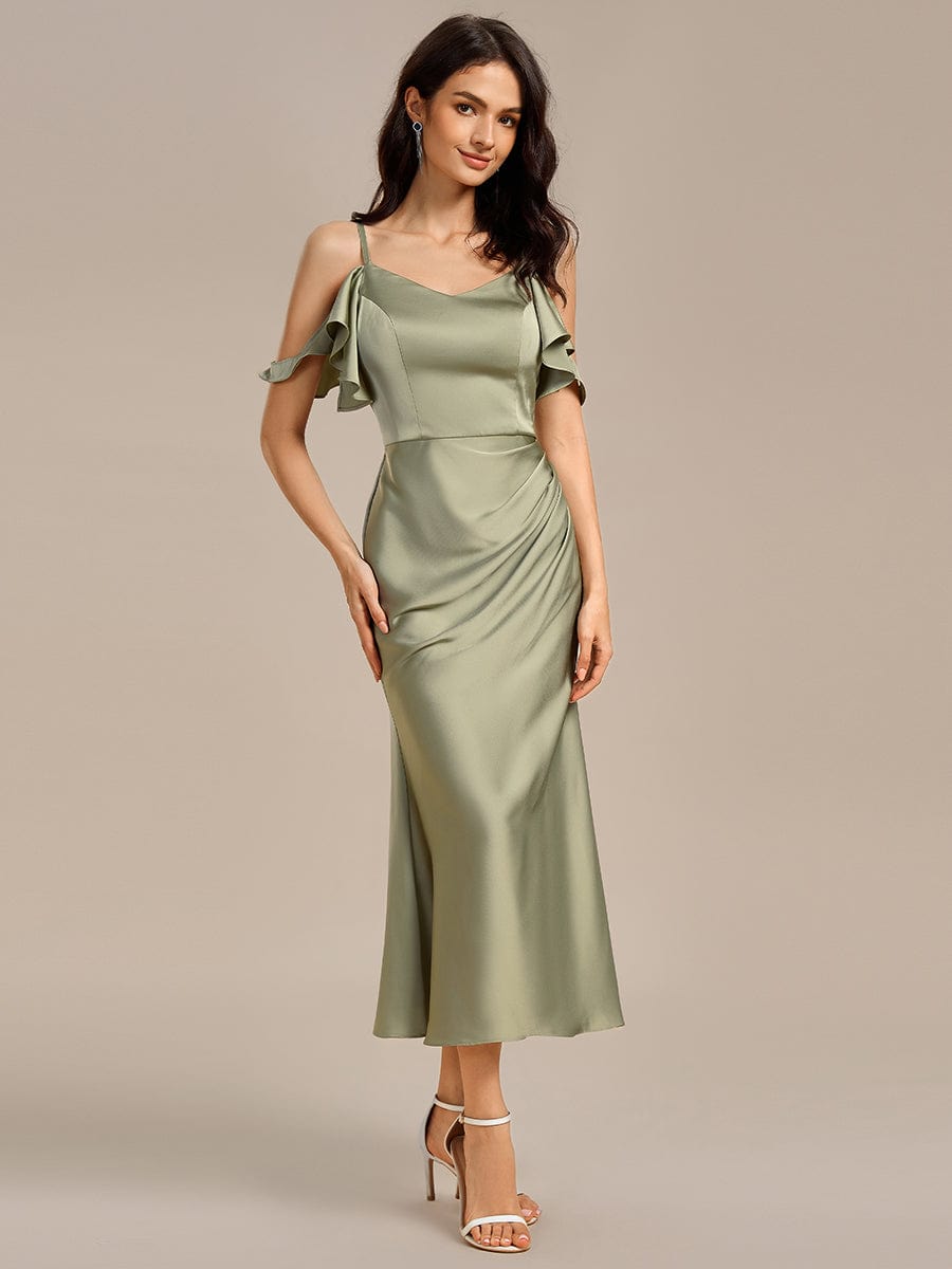 Off Shoulder Lotus Leaf Mermaid Midi Satin Bridesmaid Dress #color_Sage Green