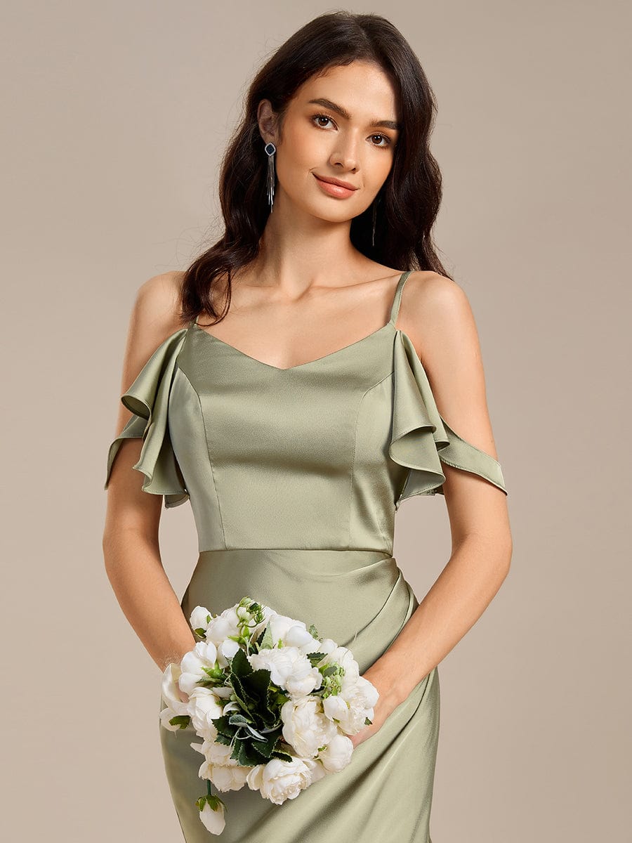 Off Shoulder Lotus Leaf Mermaid Midi Satin Bridesmaid Dress #color_Sage Green