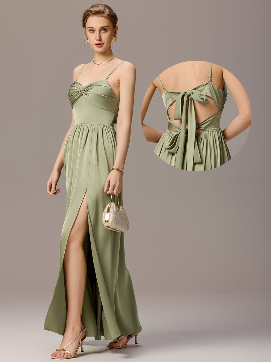 Satin Pleated Backless Sleeveless Maxi Bridesmaid Dress #color_Sage Green