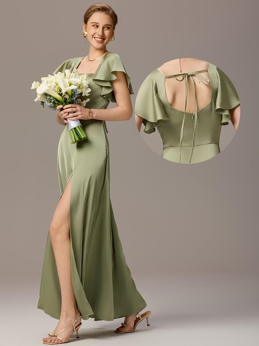 Satin Square Neck Ruffled Maxi Bridesmaid Dress with Pockets