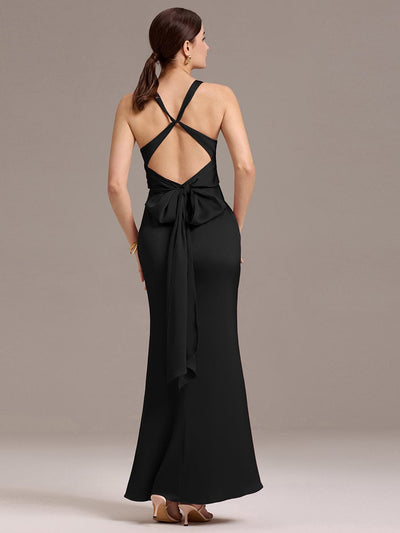 Knot Front Mermaid Cross Back Bow Tie Satin Maxi Bridesmaid Dress #color_Black