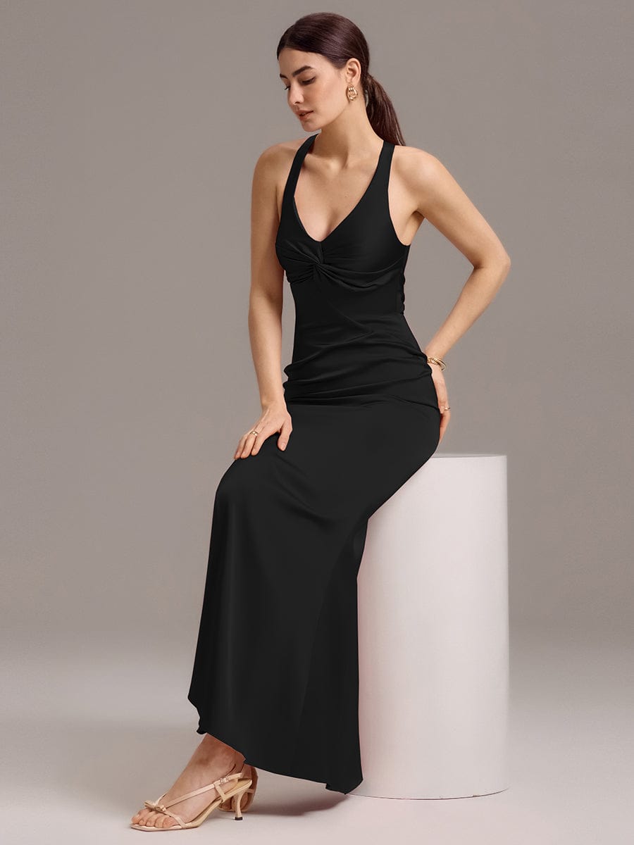 Knot Front Mermaid Cross Back Bow Tie Satin Maxi Bridesmaid Dress #color_Black