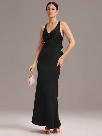 Knot Front Mermaid Cross Back Bow Tie Satin Maxi Bridesmaid Dress #color_Black