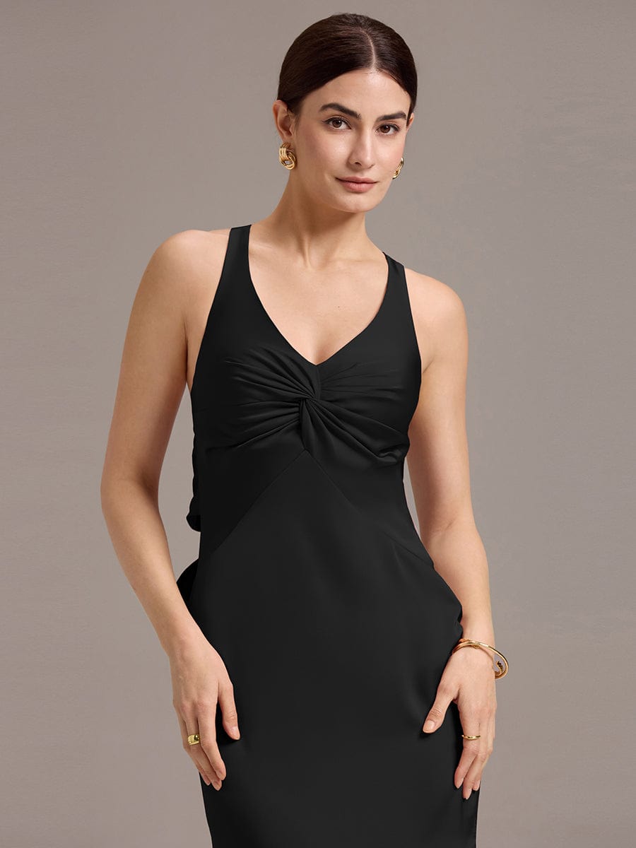 Knot Front Mermaid Cross Back Bow Tie Satin Maxi Bridesmaid Dress #color_Black