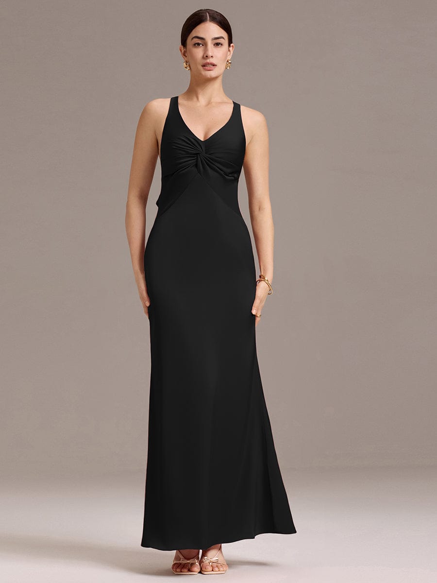 Knot Front Mermaid Cross Back Bow Tie Satin Maxi Bridesmaid Dress #color_Black