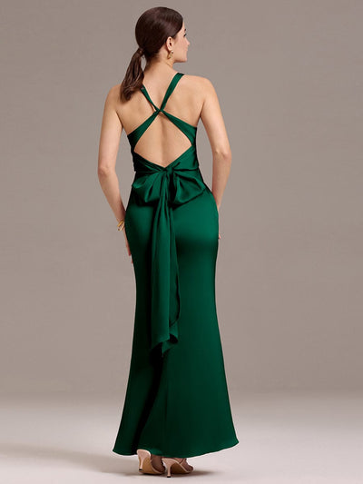 Knot Front Mermaid Cross Back Bow Tie Satin Maxi Bridesmaid Dress #color_Dark Green