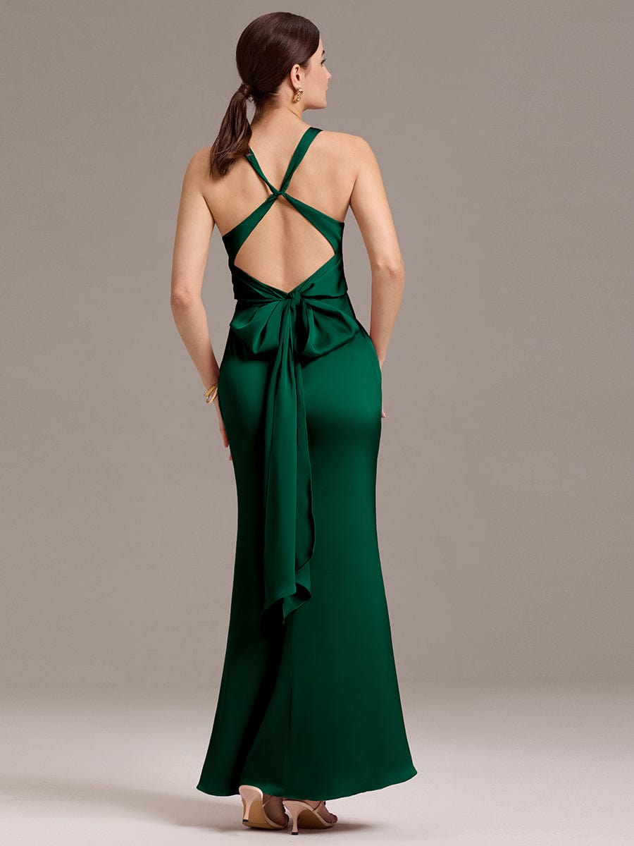 Knot Front Mermaid Cross Back Bow Tie Satin Maxi Bridesmaid Dress #color_Dark Green