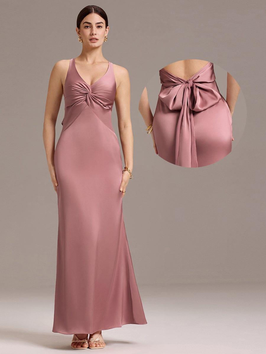 Knot Front Mermaid Cross Back Bow Tie Satin Maxi Bridesmaid Dress #color_Purple Orchid