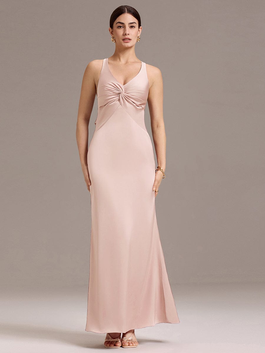 Knot Front Mermaid Cross Back Bow Tie Satin Maxi Bridesmaid Dress #color_Pink