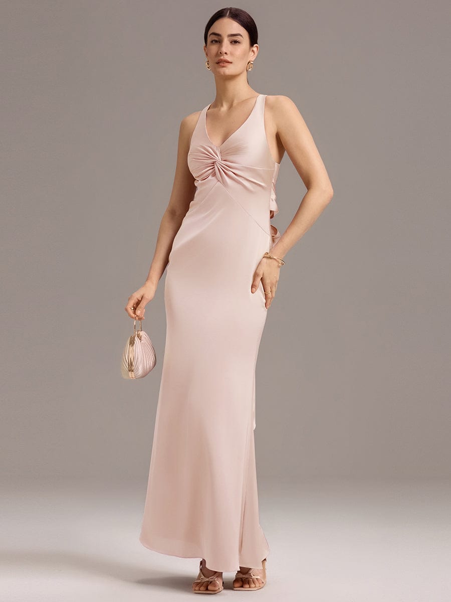 Knot Front Mermaid Cross Back Bow Tie Satin Maxi Bridesmaid Dress #color_Pink