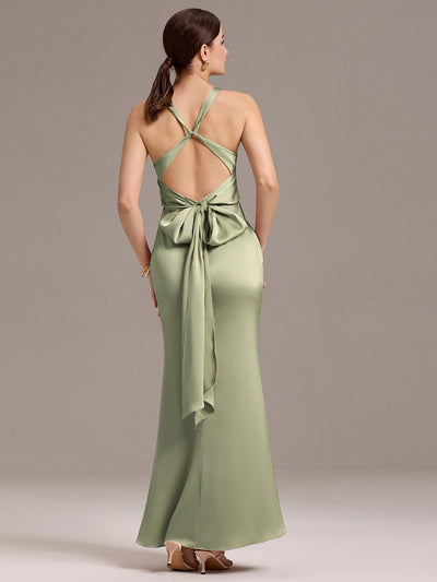 Knot Front Mermaid Cross Back Bow Tie Satin Maxi Bridesmaid Dress #color_Sage Green