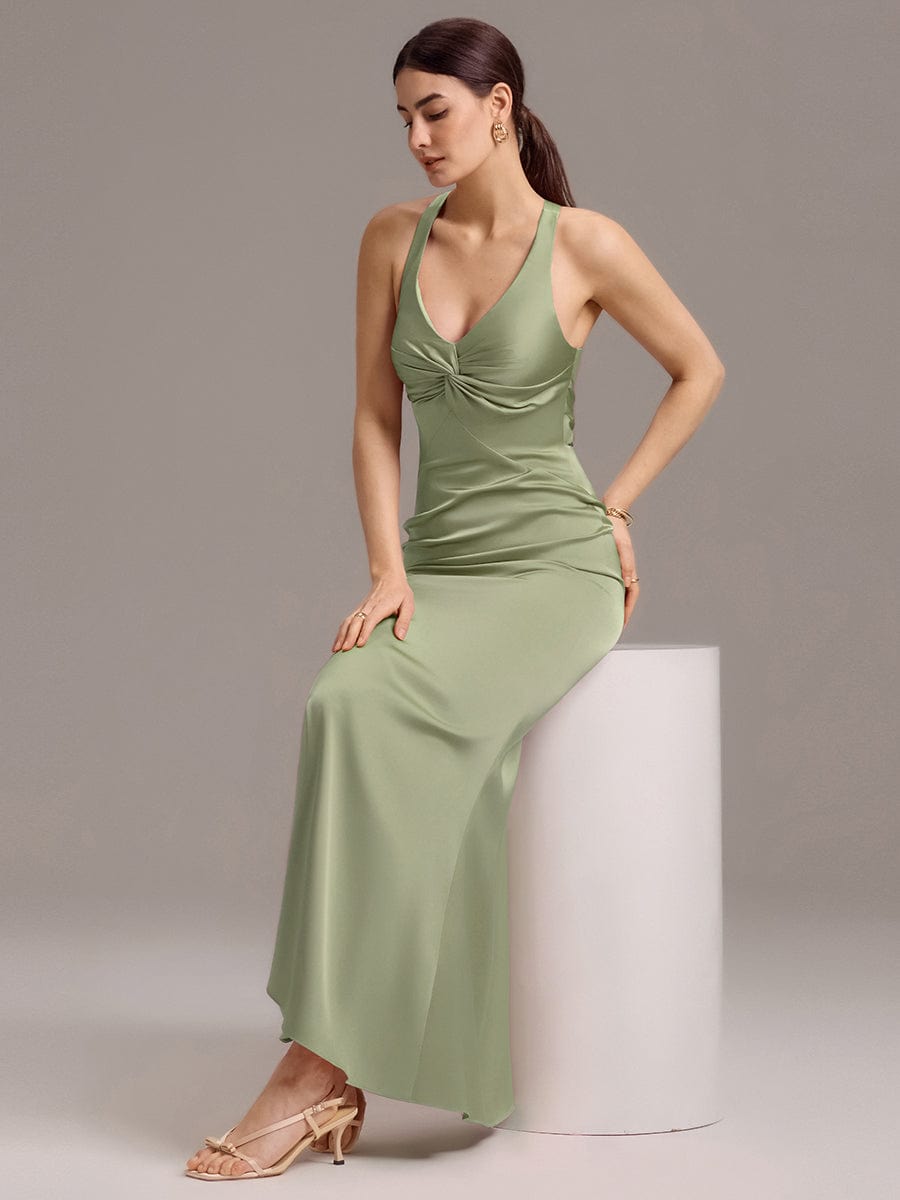 Knot Front Mermaid Cross Back Bow Tie Satin Maxi Bridesmaid Dress #color_Sage Green
