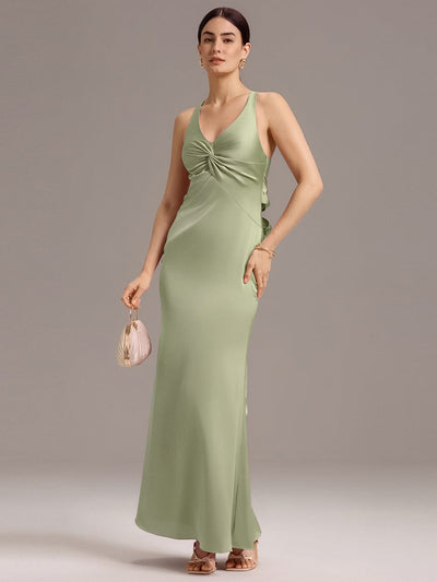Knot Front Mermaid Cross Back Bow Tie Satin Maxi Bridesmaid Dress #color_Sage Green