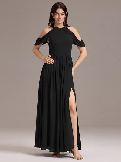 High Slit Cold Shoulder Halter Maxi Chiffon Bridesmaid Dress #color_Black