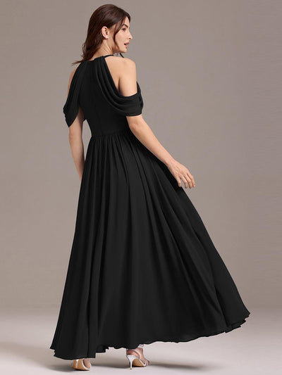 High Slit Cold Shoulder Halter Maxi Chiffon Bridesmaid Dress #color_Black