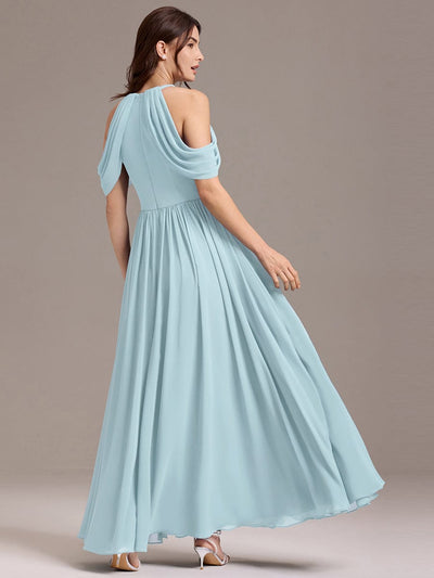 High Slit Cold Shoulder Halter Maxi Chiffon Bridesmaid Dress #color_Sky Blue