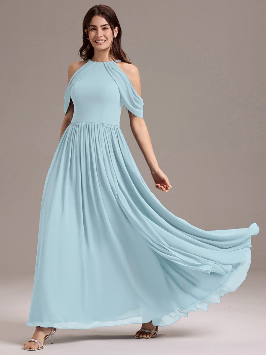 High Slit Cold Shoulder Halter Maxi Chiffon Bridesmaid Dress #color_Sky Blue