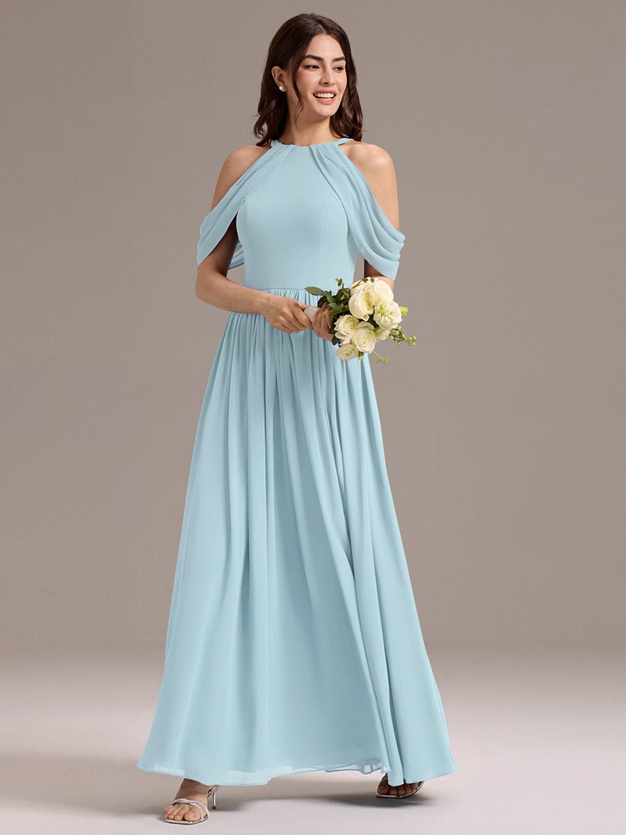 High Slit Cold Shoulder Halter Maxi Chiffon Bridesmaid Dress #color_Sky Blue