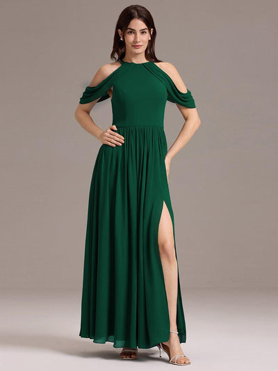 High Slit Cold Shoulder Halter Maxi Chiffon Bridesmaid Dress #color_Dark Green