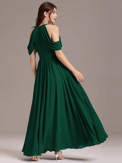 High Slit Cold Shoulder Halter Maxi Chiffon Bridesmaid Dress #color_Dark Green