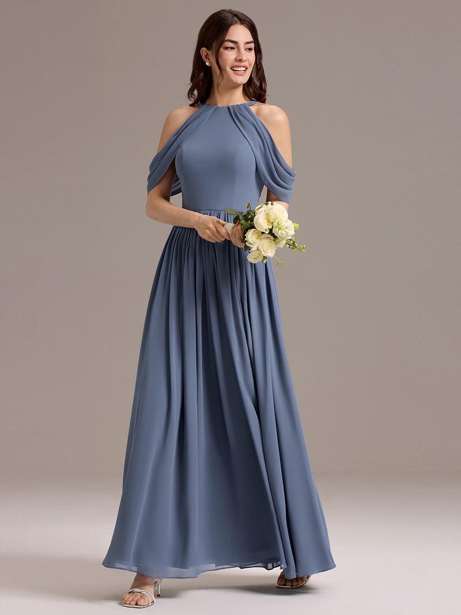 High Slit Cold Shoulder Halter Maxi Chiffon Bridesmaid Dress #color_Dusty Blue