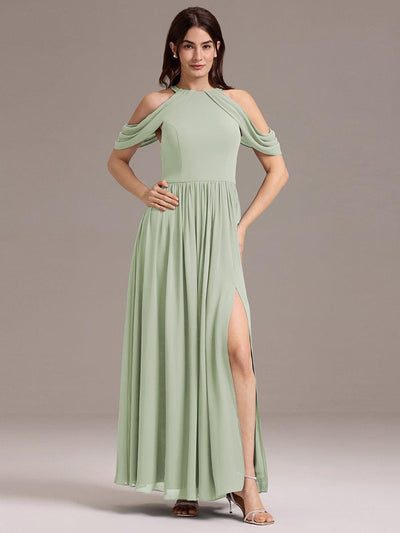 High Slit Cold Shoulder Halter Maxi Chiffon Bridesmaid Dress #color_Mint Green