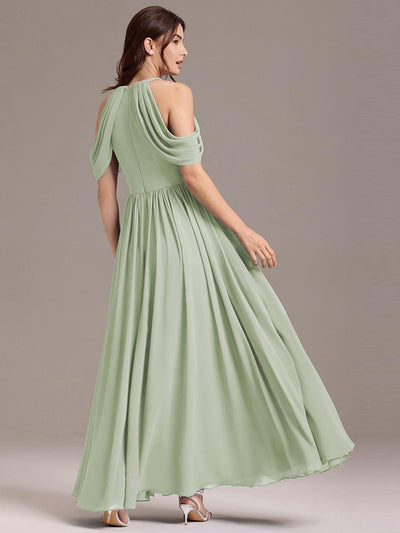 High Slit Cold Shoulder Halter Maxi Chiffon Bridesmaid Dress #color_Mint Green