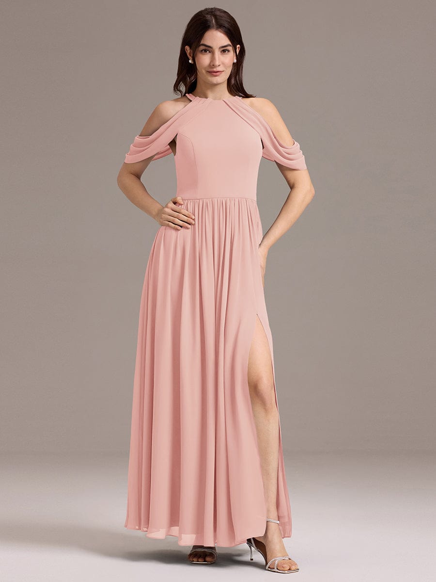 High Slit Cold Shoulder Halter Maxi Chiffon Bridesmaid Dress #color_Pink