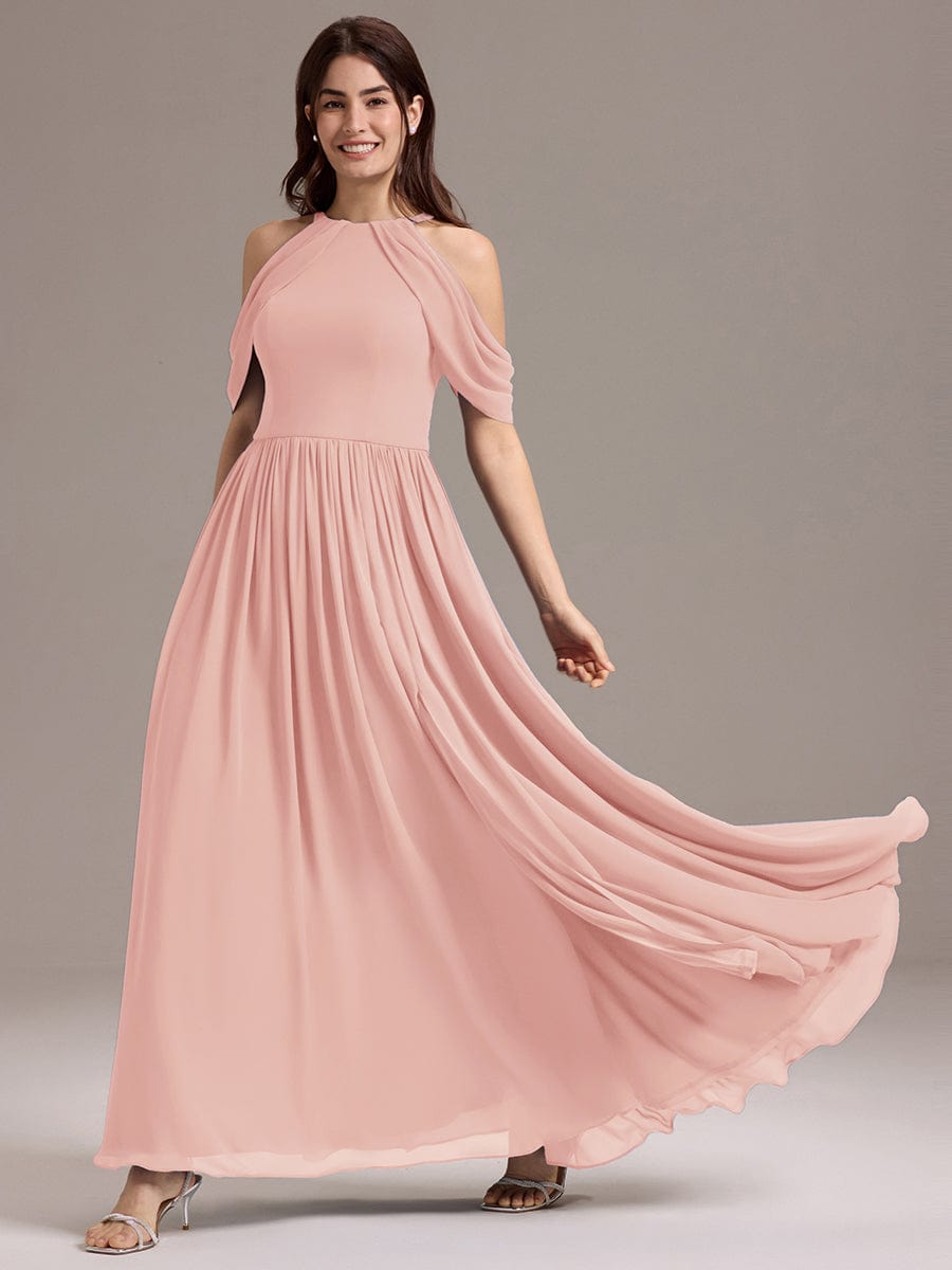 High Slit Cold Shoulder Halter Maxi Chiffon Bridesmaid Dress #color_Pink
