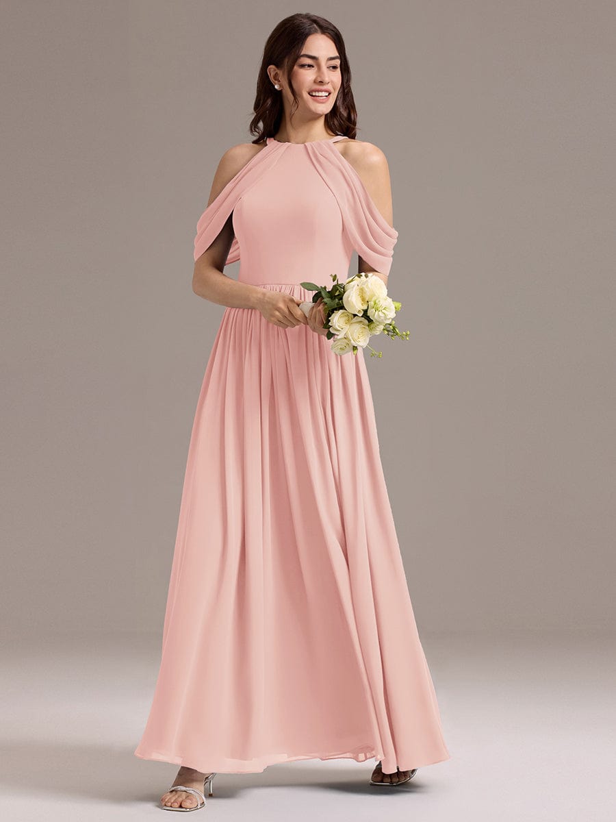 High Slit Cold Shoulder Halter Maxi Chiffon Bridesmaid Dress #color_Pink